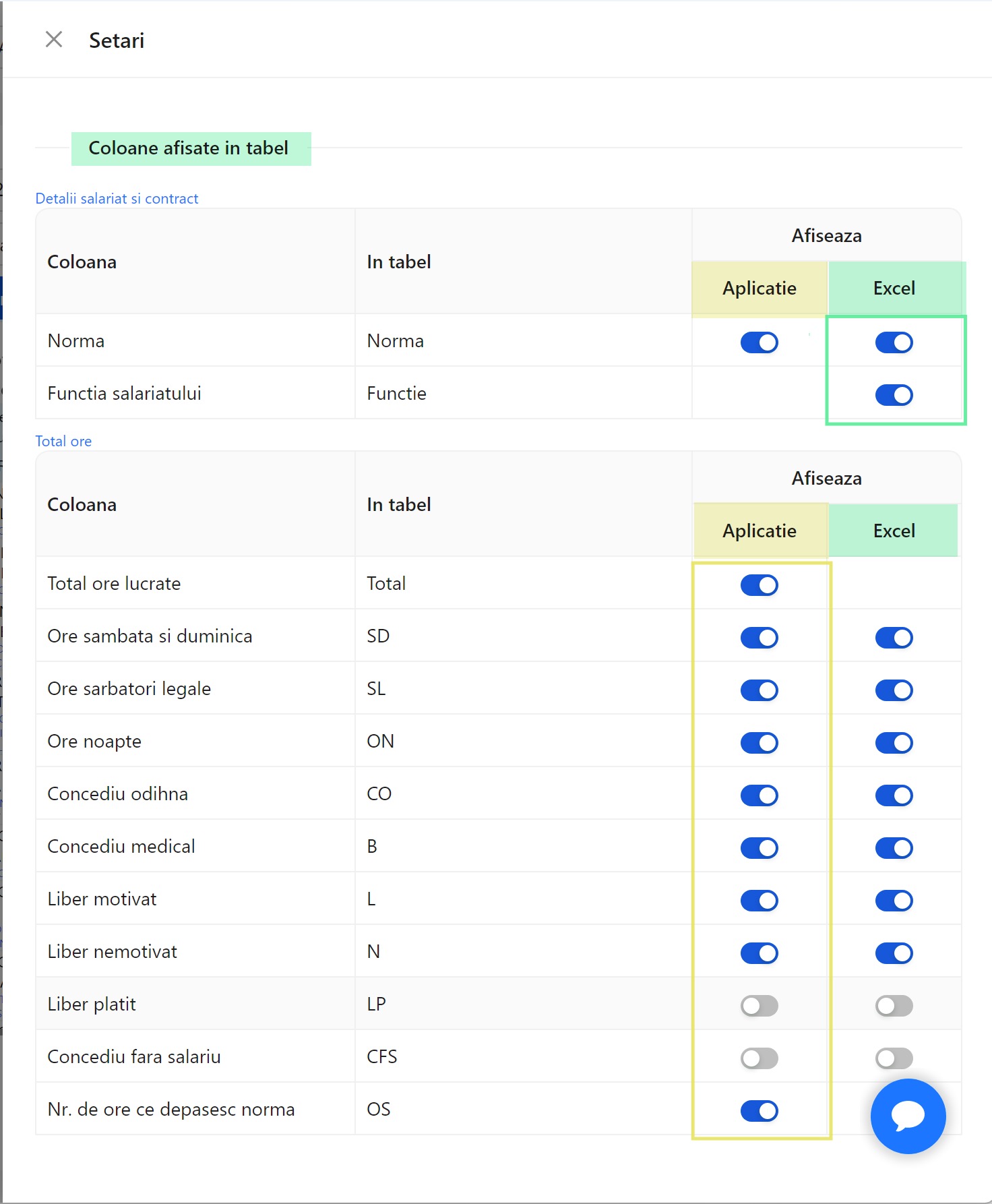 Selectarea coloanelor pentru tabelul de pontaj atat in aplicatie cat si in fisierul xlsx cu total, ore de noapte, sarbatori legale s.a.