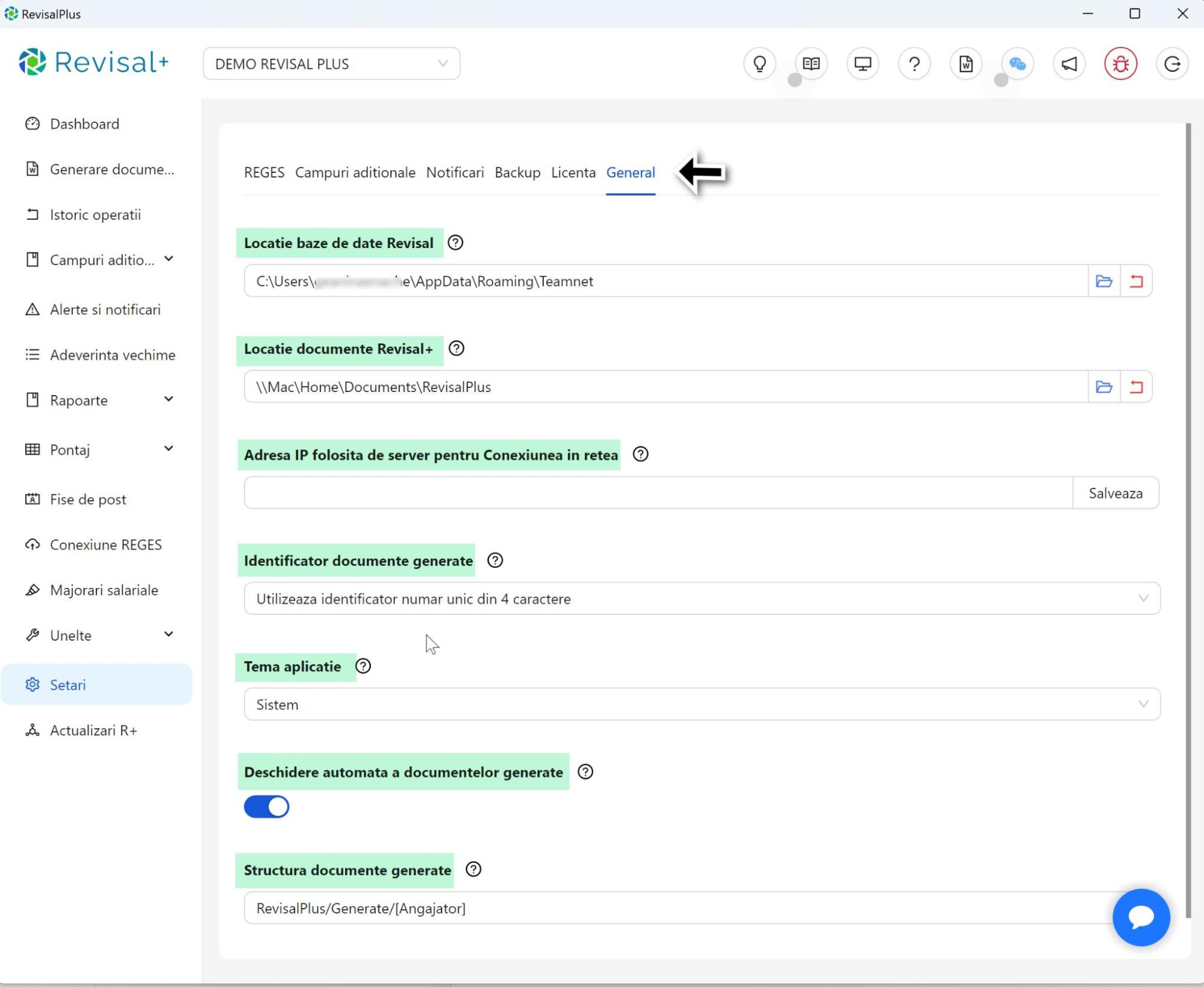 Setari generale ale aplicatiei Revisal Plus