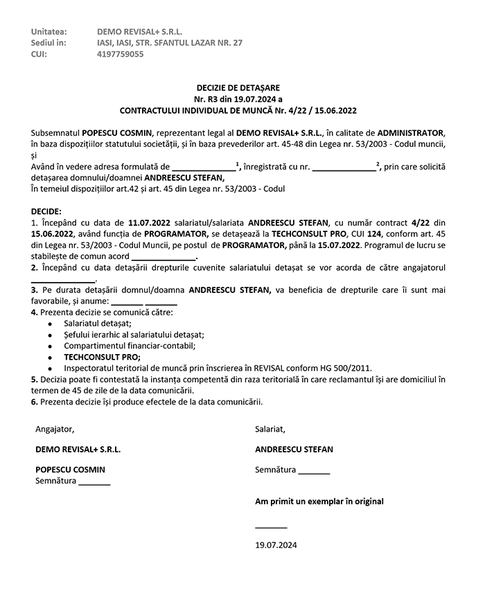 Generarea deciziilor de incetare, suspendare, detasare