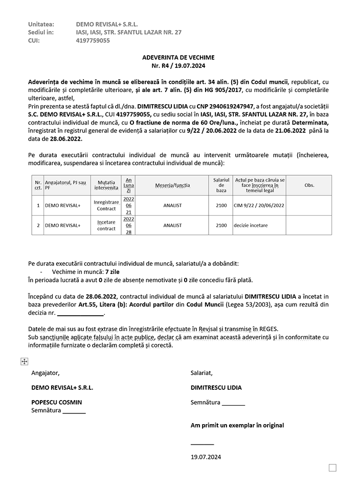 Generare model adeverinta de vechime